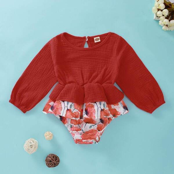 

Baby Girl Floral Tiered Layer Ruffle Combo Romper, Red