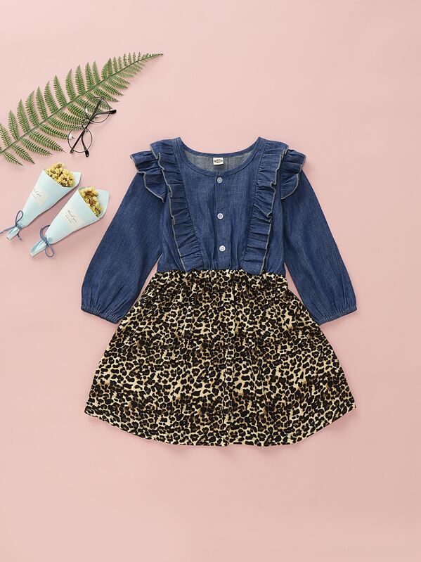 

Toddler Girls Ruffle Trim Contrast Leopard Hem A-line Dress, Multicolor