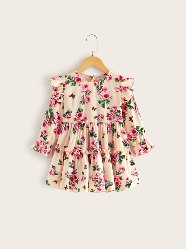 

Toddler Girls Floral Print Ruffle Trim Smock Dress, Multicolor