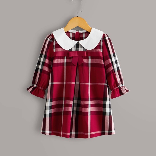 

Toddler Girls Contrast Collar Bow Front Plaid Smock Dress