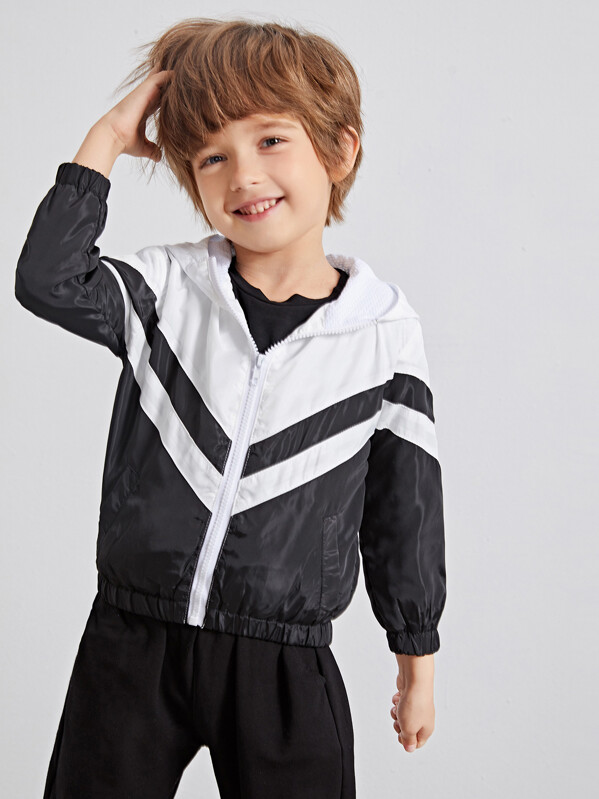 

Toddler Boys Cut And Sew Hooded Windbreaker Jacket, Black and white, Damir