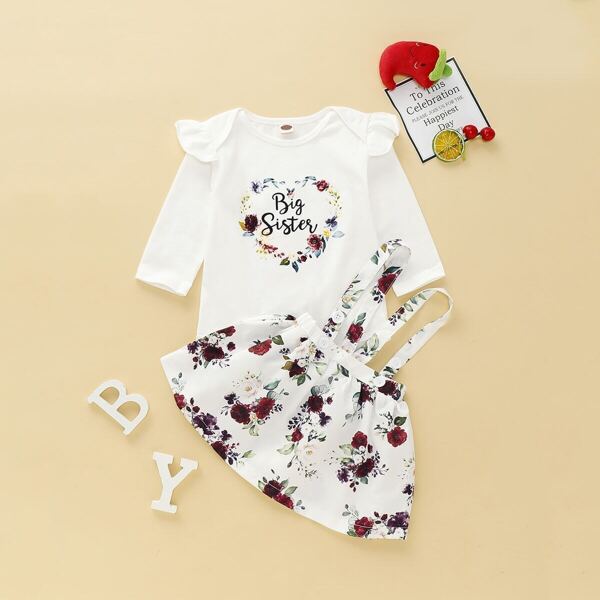 

Baby Girl Ruffle Top With Allover Floral Pinafore Skirt, White