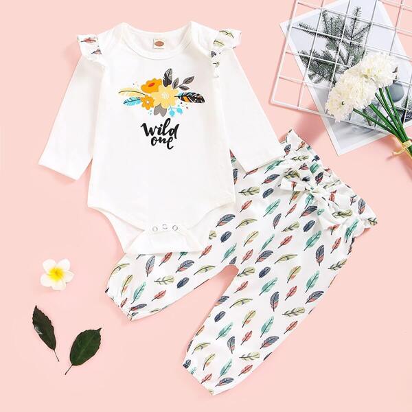 

Baby Girl Letter Print Romper & Allover Feather Paperbag Pants, White