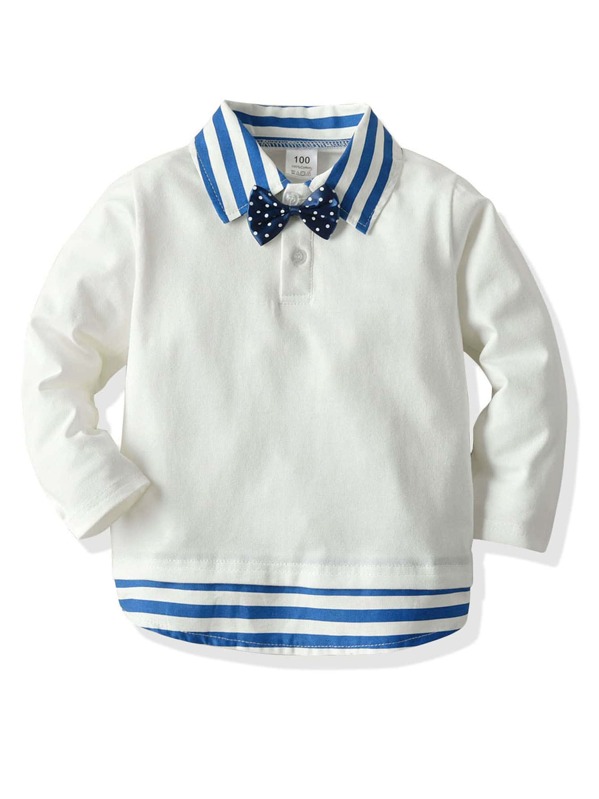 

Toddler Boys Contrast Striped Collar Bow Tie Polo Shirt, White