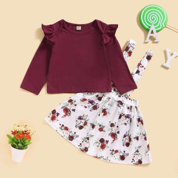 

Toddler Girls Frill Trim Tee With Floral Pinafore Skirt, Multicolor