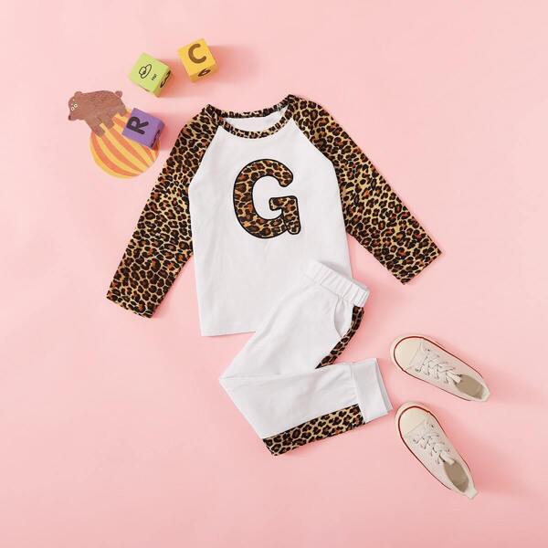 

Toddler Girls Contrast Leopard Panel Ringer Tee With Sweatpants, White