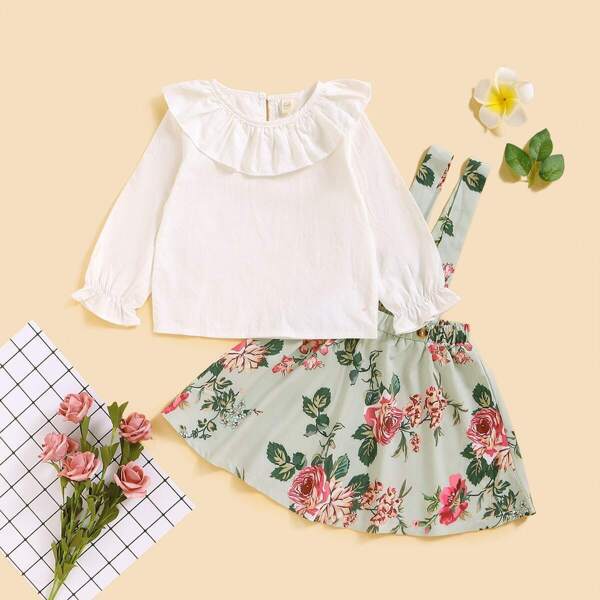 

Toddler Girls Flounce Collar Blouse With Floral Skirt, Multicolor