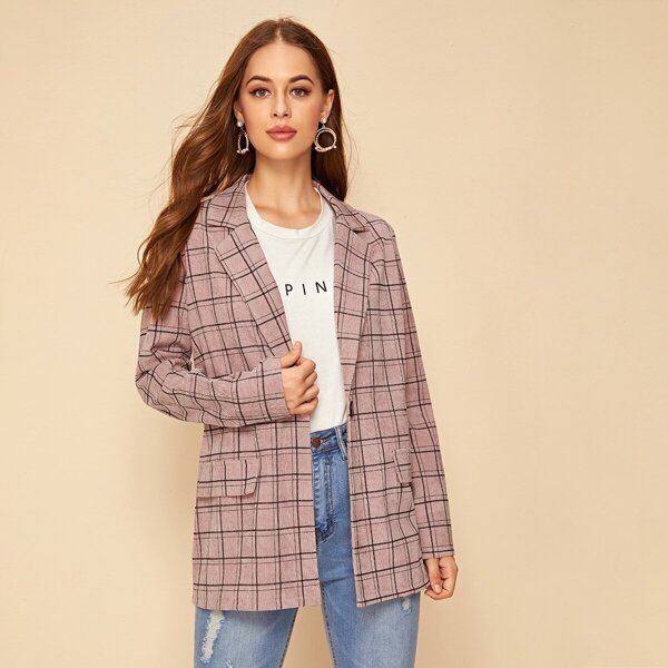

Notch Collar Plaid Blazer, Pink pastel