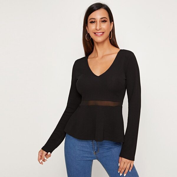 

Mesh Insert Peplum Top, Black