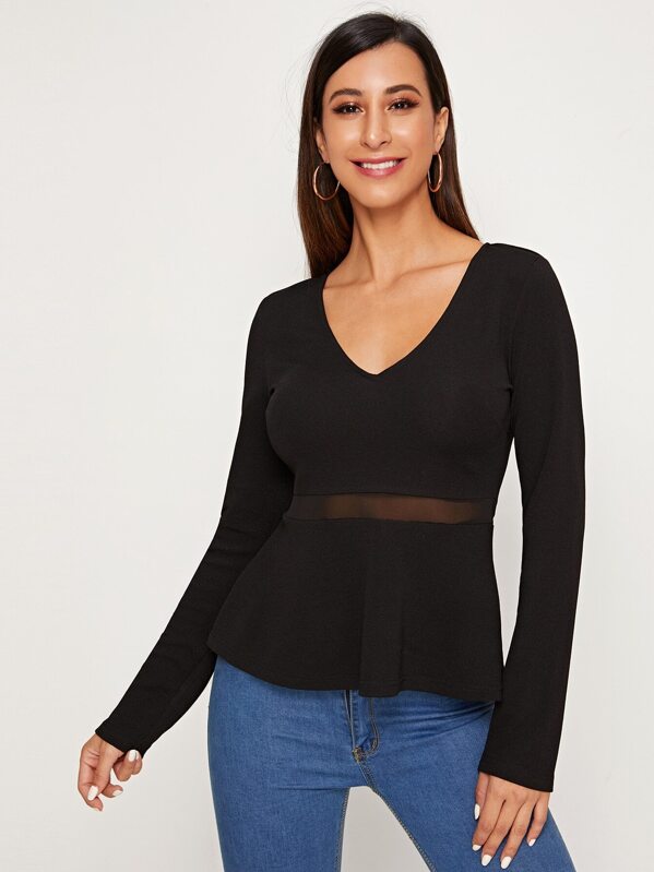 

Mesh Insert Peplum Top, Black, Gabe