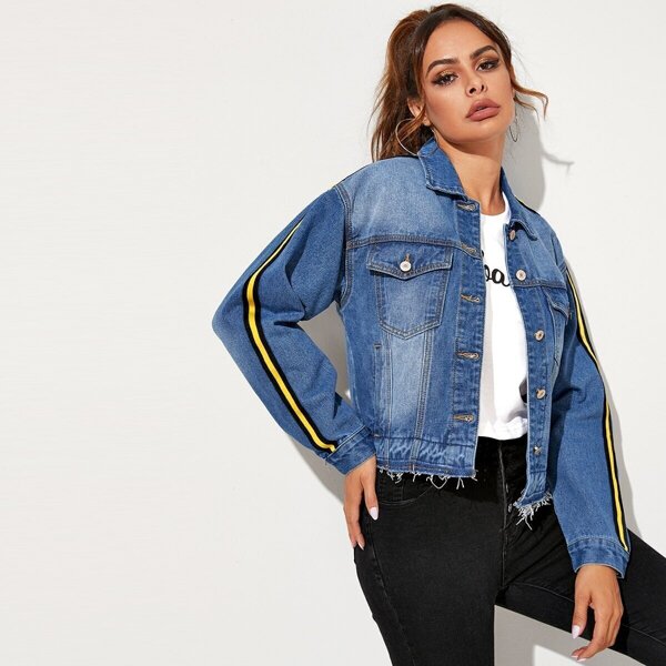 

Striped Tape Side Raw Hem Denim Jacket, Blue pastel