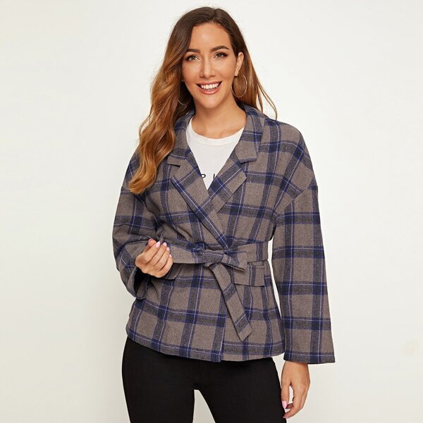 

Notch Collar Drop Shoulder Self Belted Plaid Coat, Grey