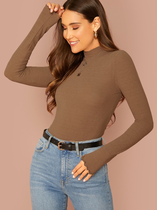 

Mock Neck Slim Fit T-shirt, Brown, Anna Herrin