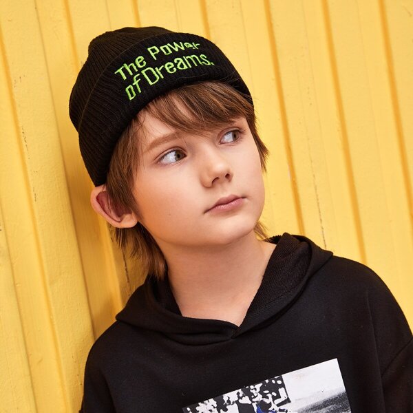 

Toddler Kids Letter Embroidery Cuffed Beanie, Black