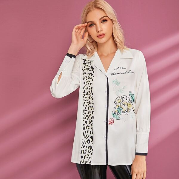 

Letter And Leopard Print Contrast Trim Blouse, White
