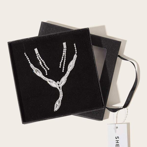 

Rhinestone Engraved Lariat Necklace & Earrings 3pcs