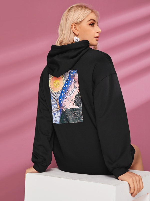

Galaxy Print Back Drawstring Kangaroo Pocket Oversize Sweatshirt, Black, Lef