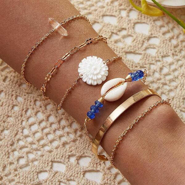 

Shell & Flower Decor Chain Bracelet 6pcs, Multicolor
