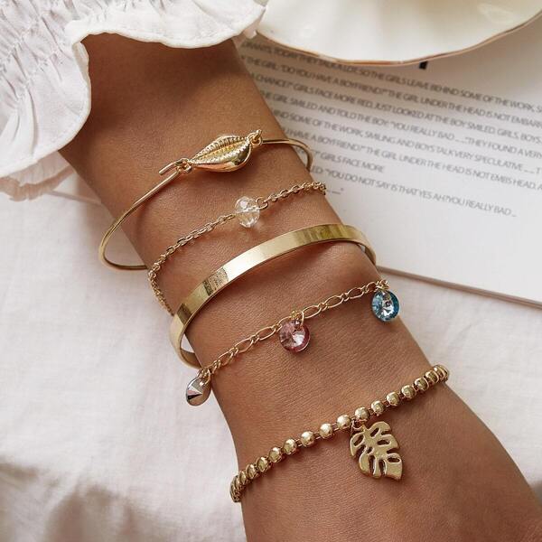 

Shell & Leaf Decor Bracelet 5pcs, Gold