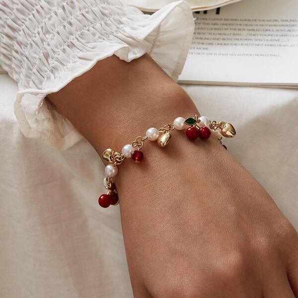 

Heart & Cherry Decor Chain Bracelet 1pc