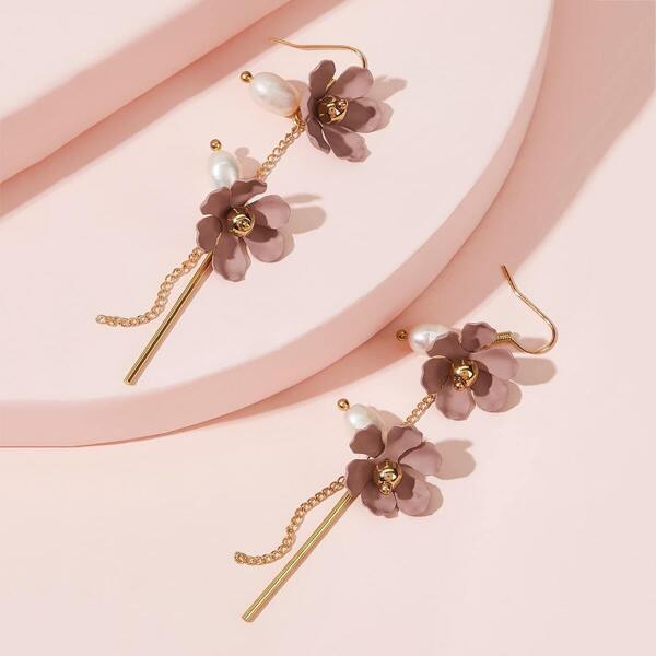 

Flower & Faux Pearl Bar Drop Earrings 1pair
