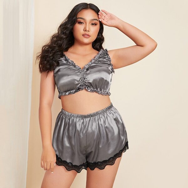 

Plus Frill Trim Satin Bralette With Shorts, Grey