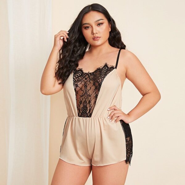 

Plus Contrast Lace Cami Romper Bodysuit, Beige