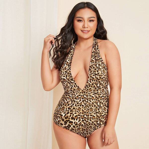 

Plus Leopard Halter Teddy Bodysuit, Multicolor