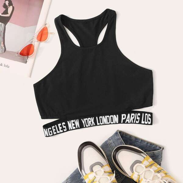

Plus Letter Print Hem Racerback Sports Bra, Black