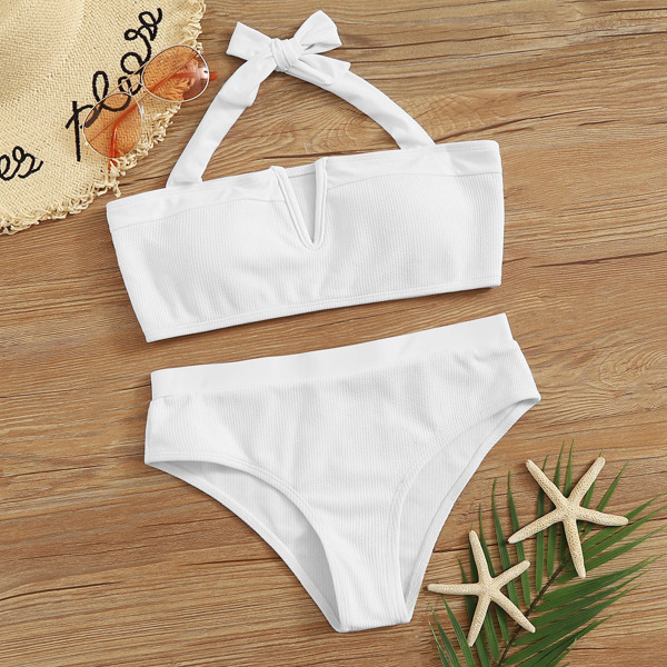 Textured Halter Top With Panty Bikini Set