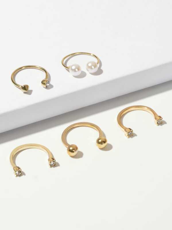 

Faux Pearl & Rhinestone Decor Cuff Ring 5pcs, Gold