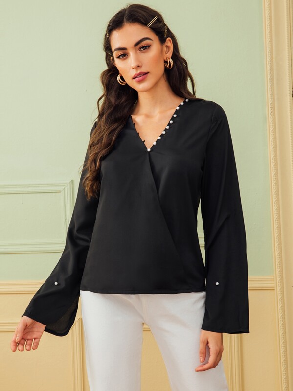 

Surplice Front Beaded Pearl Detail Blouse, Black, Carol