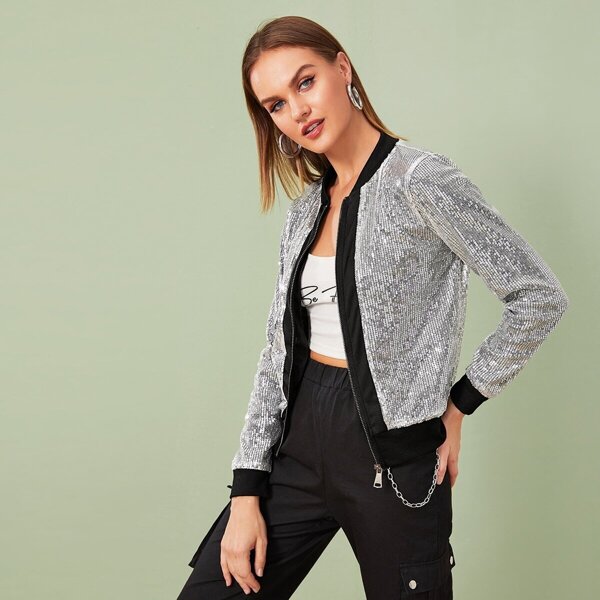 

Contrast Binding Sequin Bomber Jacket, Grey