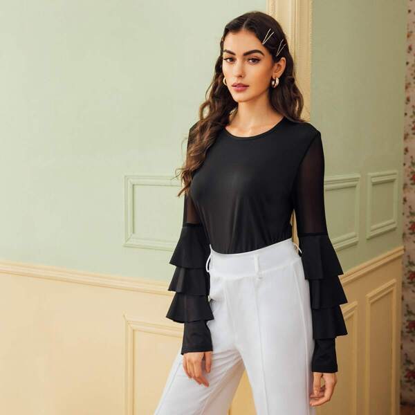 

Layered Sleeve Contrast Mesh Tee, Black