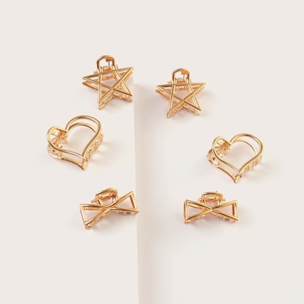 

Star & Heart Design Hair Claw 6pcs, Gold