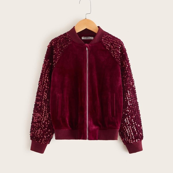

Girls Zip Up Sequin Raglan Sleeve Velvet Bomber Jacket