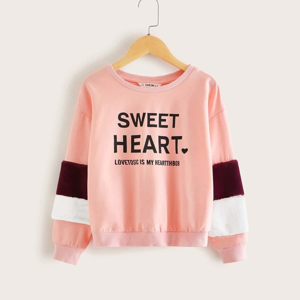 

Girls Faux Fur Sleeve Slogan Graphic Pullover, Pink pastel