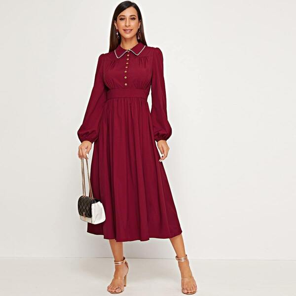 

Collared Buttoned Gathered Detail Lantern Sleeve Dress, Burgundy