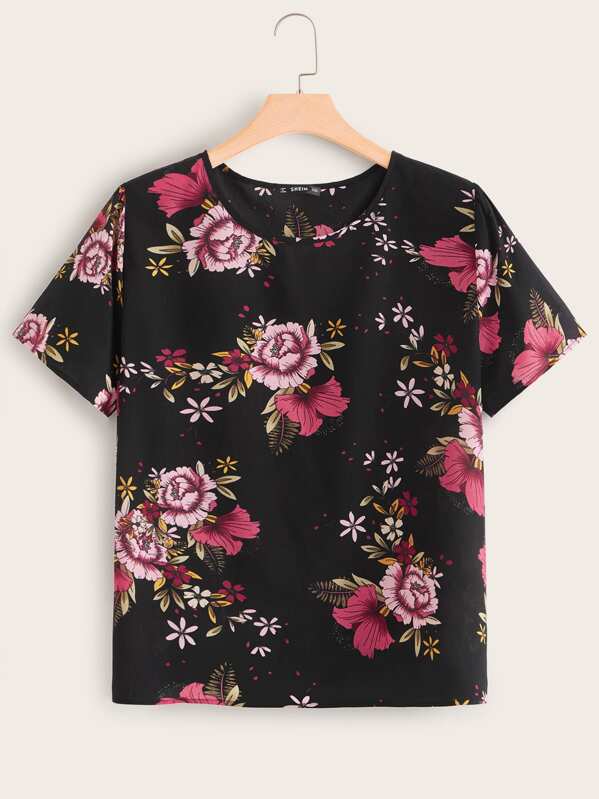 

Plus Short Sleeve Floral Print Top, Black, Olga B