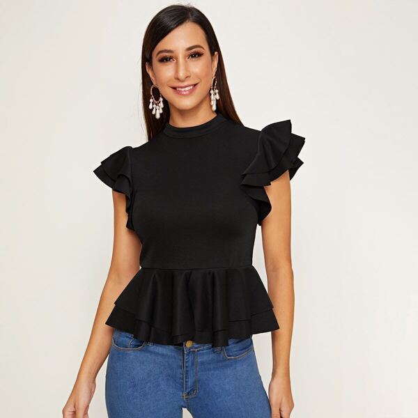 

Layered Ruffle Peplum Top, Black