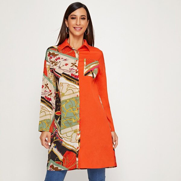 

Neon Orange Pocket Detail Chain Print Blouse, Orange bright