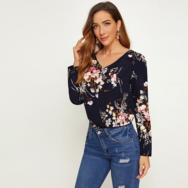

V-Neck Floral Print Top, Navy