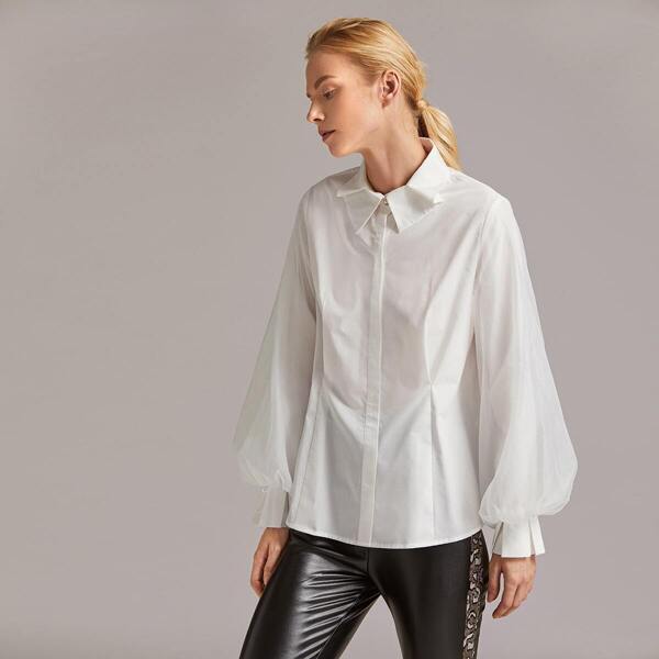 

Organza Lantern Sleeve Fold Pleat Blouse