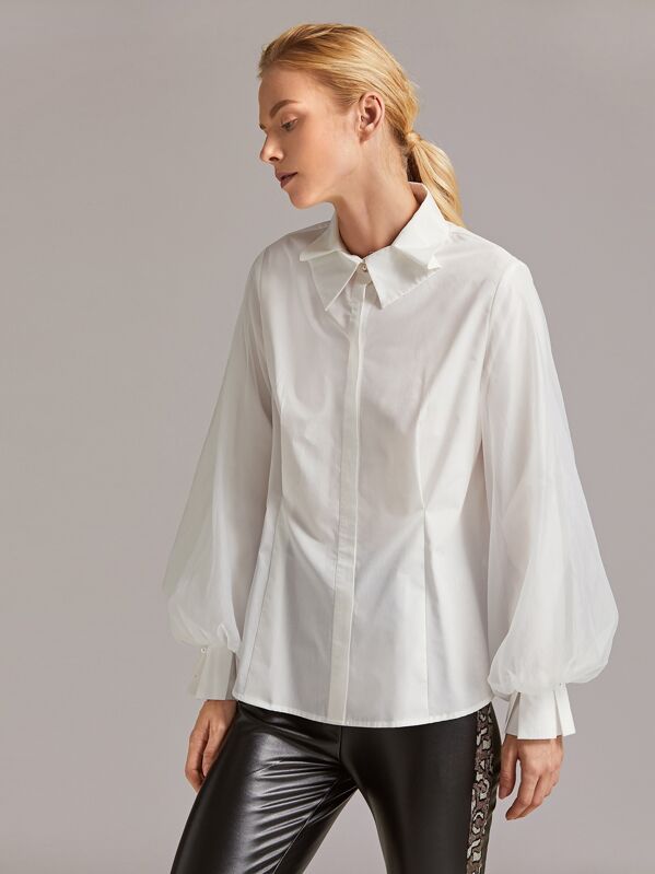 

Premium Organza Lantern Sleeve Fold Pleat Blouse, White, Denisa