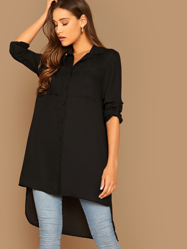 

Roll Up Sleeve Pocket Front Dip Hem Shirt, Black, Anna Herrin