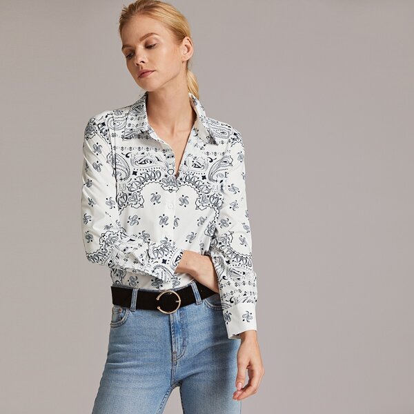 

Premium Curved Hem Paisley Print Shirt, Black and white