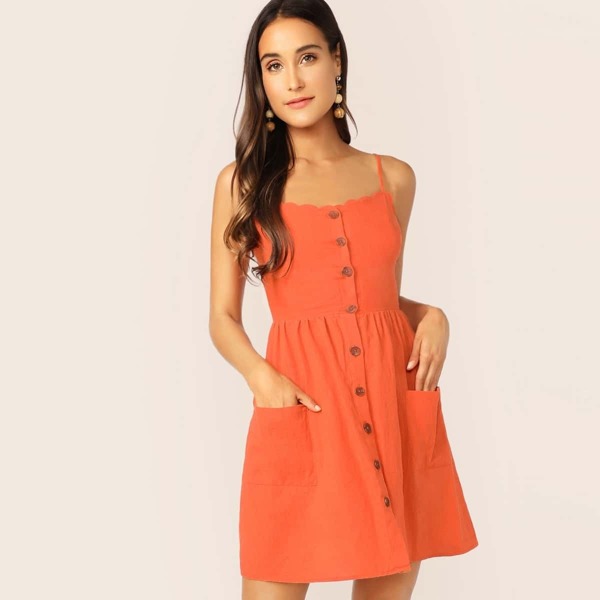 

Shirred Back Scallop Trim Patch Pocket Slip Dress, Orange