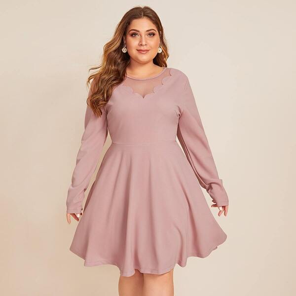 

Plus Mesh Insert Scallop Trim Flare Dress, Pink pastel