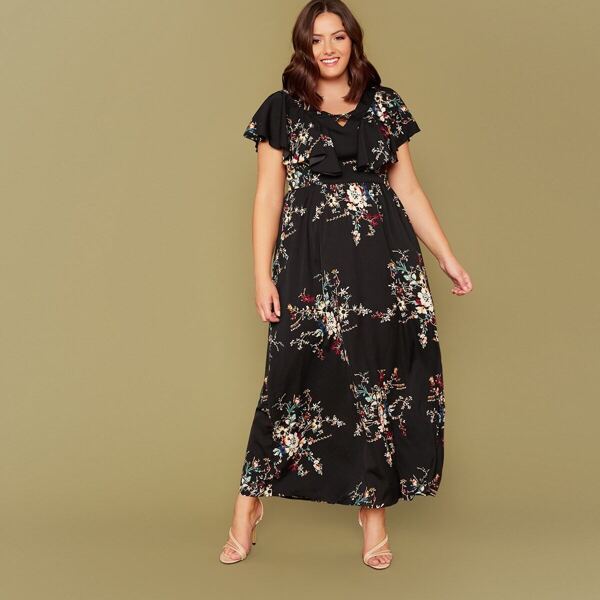 

Plus Crisscross V-neck Ruffle Trim Floral Print Dress, Black