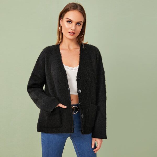 

Button Front Dual Pocket Cardigan, Black